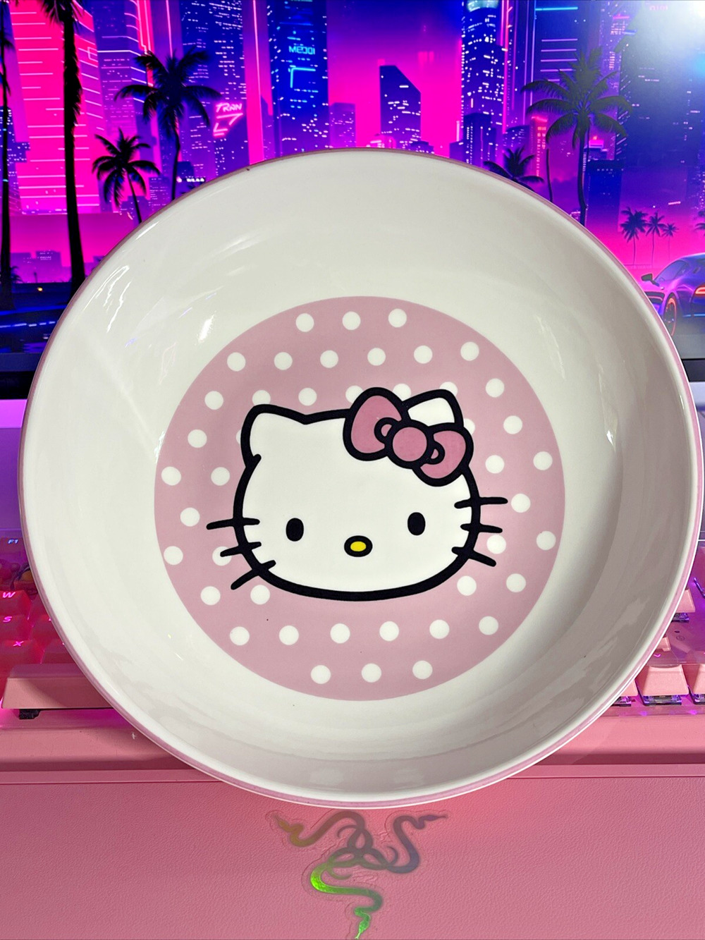 Sanrio Hello Kitty Bowl Polka Dot Ceramic 9" Soup Pasta Salad 2023 Pink Bow